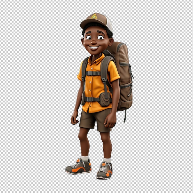 PSD black person hiking 3d cartoon style transparent background iso