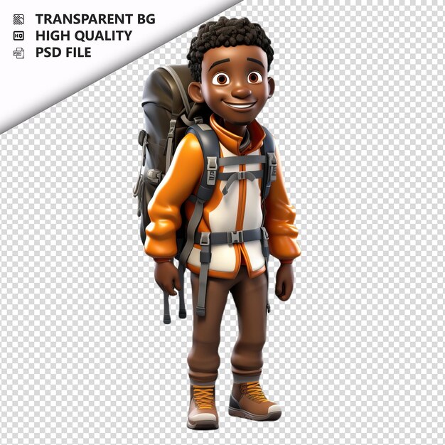 PSD black person hiking 3d cartoon style white background iso