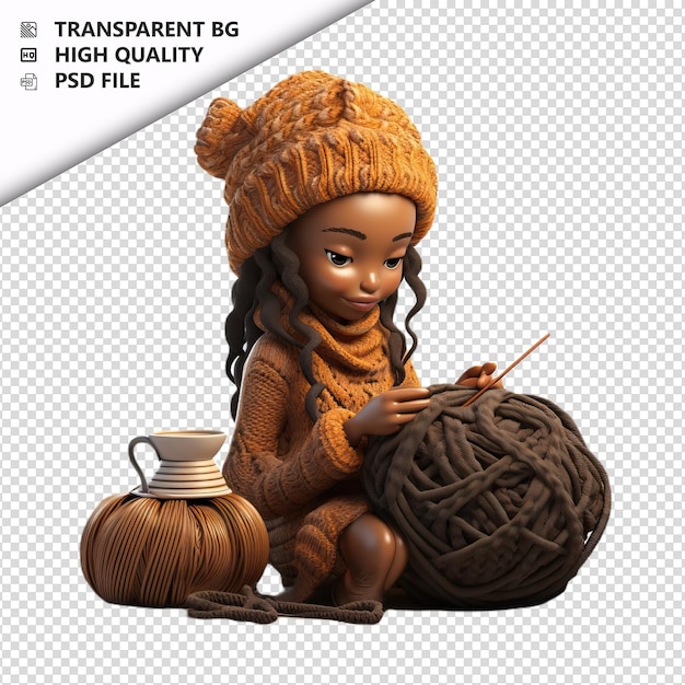 PSD black person knitting 3d cartoon style white background i