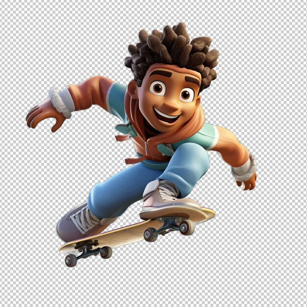 Black Person Skating 3D Cartoon Style transparent background is