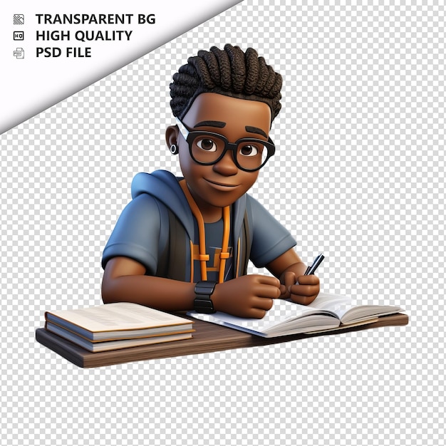 PSD black person studying 3d cartoon style white background i