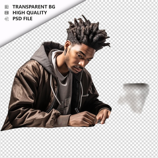 PSD black person studying ultra realistic style white backgro