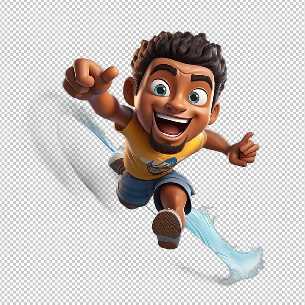 PSD black person surfing 3d cartoon style transparent background is