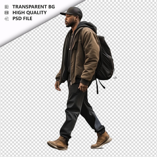 PSD black person walking ultra realistic style white backgrou