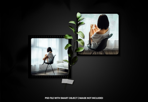 Black photo frame polaroid mockup with shadow overlay premium psd