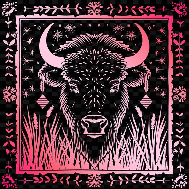 PSD a black and pink image of a buffalo with a pink background