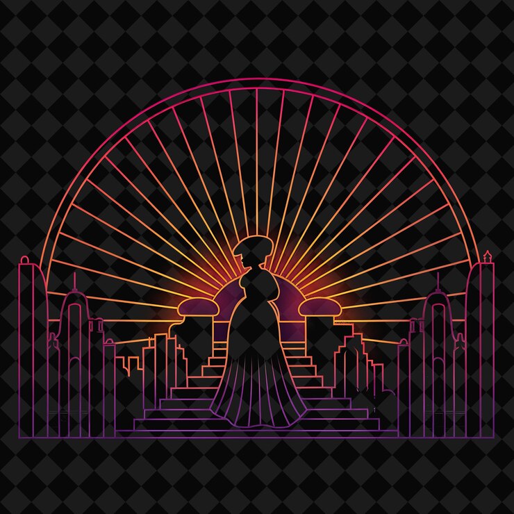 PSD a black and pink image of a woman in a black dress with a sun rays behind her