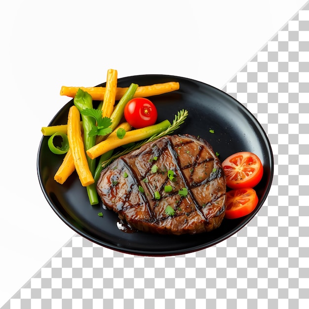 Черная тарелка с стейком и овощами.