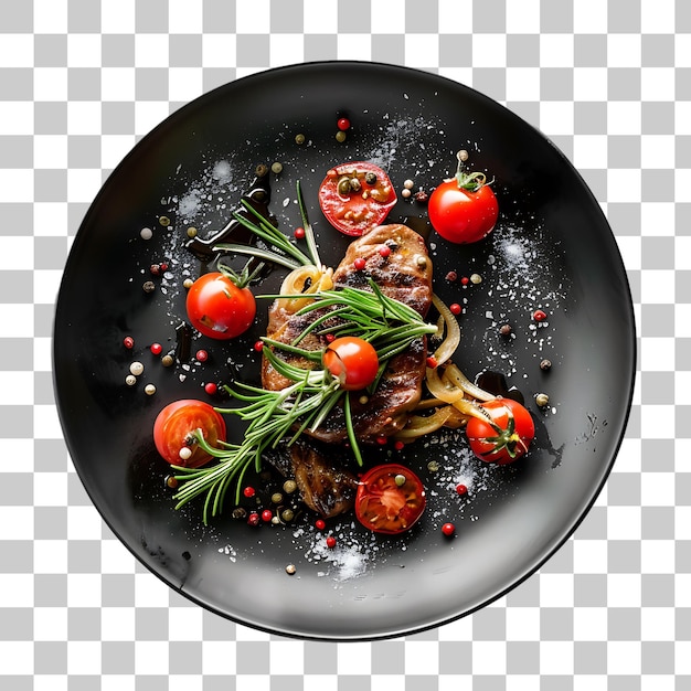 Black plate with meat and vegetables