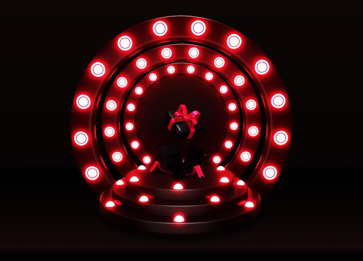 PSD a black podium decorated with dim red lights and a gift on it