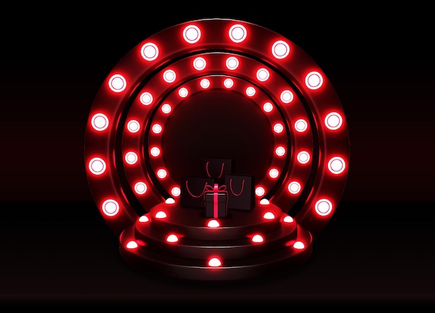 A black podium decorated with dim red lights and a gift on it