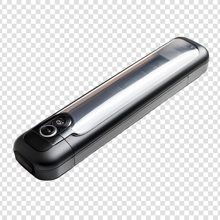 PSD black portable scanner device isolated on white background technology gadget scan