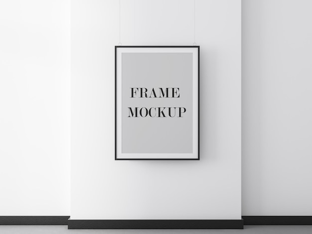 Black poster frame mockup on white wall