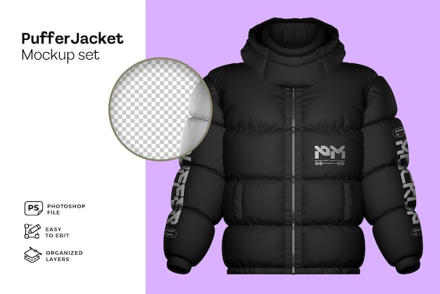 black puffer jacket with hood mockup