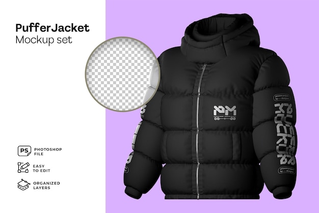 black puffer jacket with hood mockup