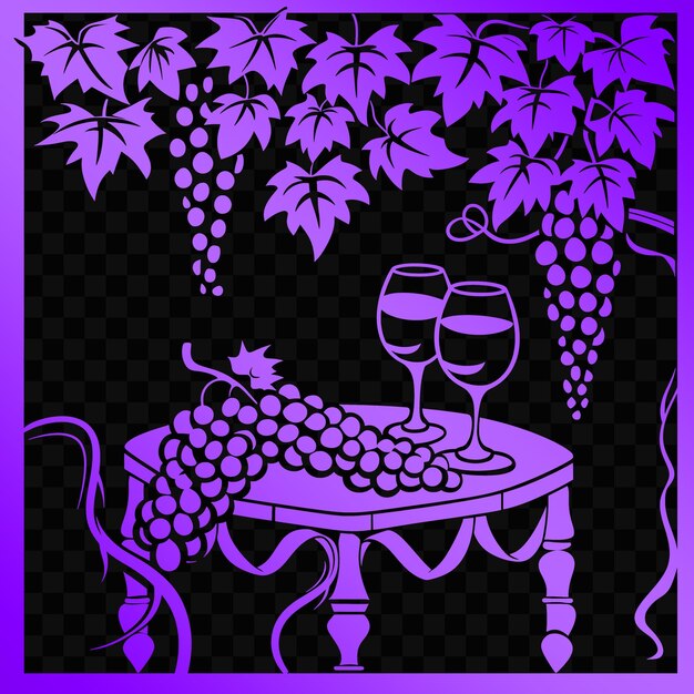 A black and purple poster with grapes and wine glasses