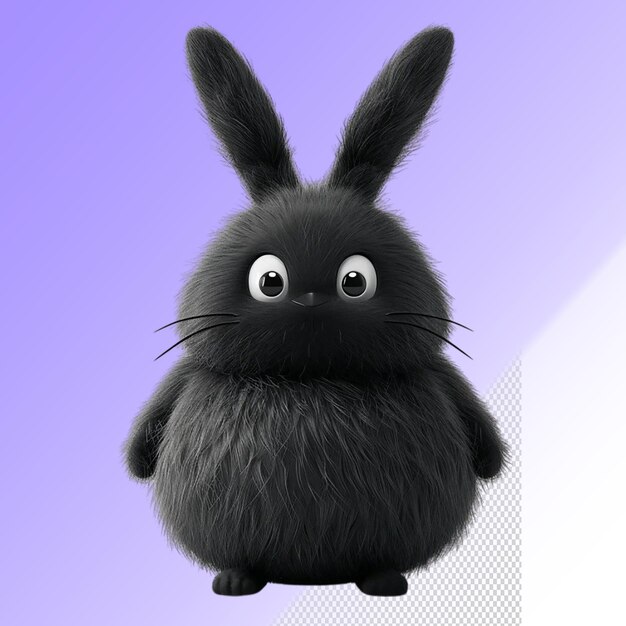 A black rabbit with white eyes and black eyes sits on a purple background