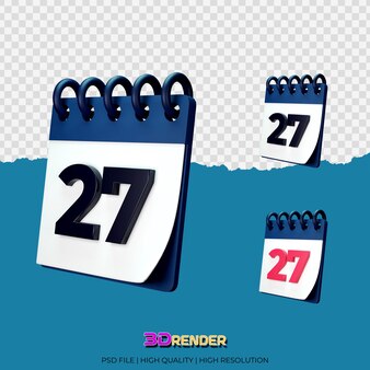 Rendering 3d dell'illustrazione del calendario della 27a data nera e rossa
