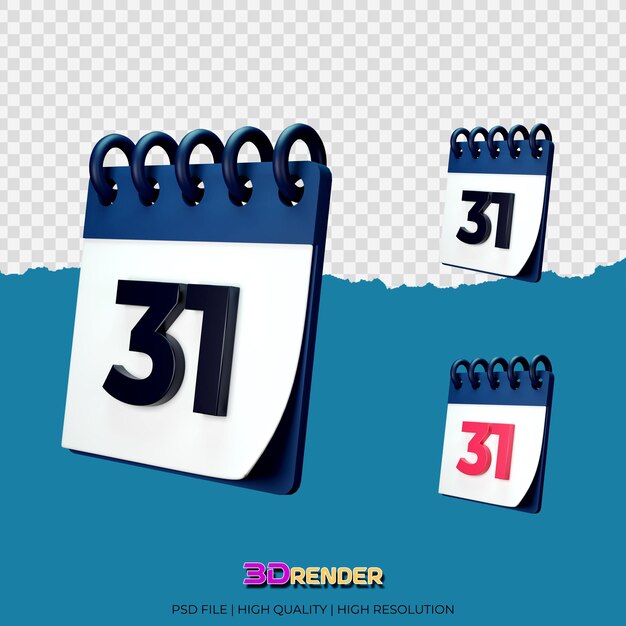 Rendering 3d dell'illustrazione del calendario della 31a data nera e rossa