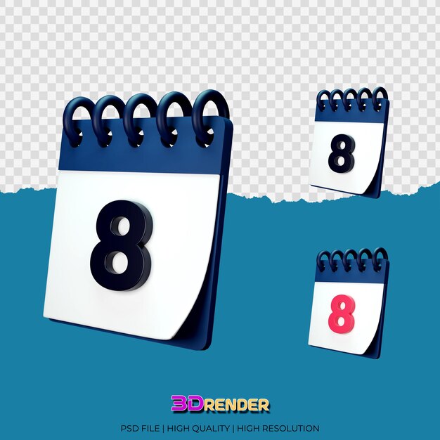 Rendering 3d dell'illustrazione del calendario dell'ottava data nera e rossa
