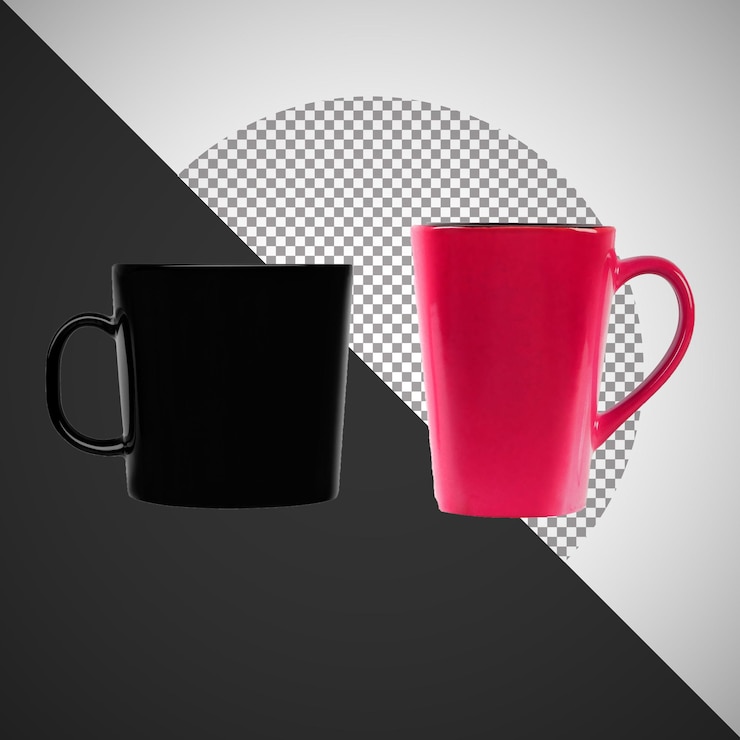 PSD black and red coffee mugs on a black and white background