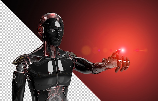 Il robot intelligente nero e rosso che indica la rappresentazione del dito 3d ha tagliato