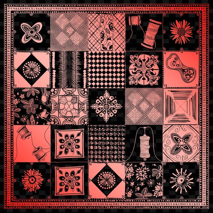 PSD a black and red picture of a quilt with a design on it