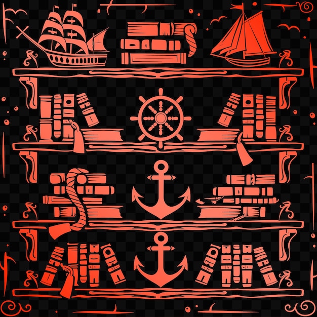 PSD a black and red poster with a boat and a ship on it