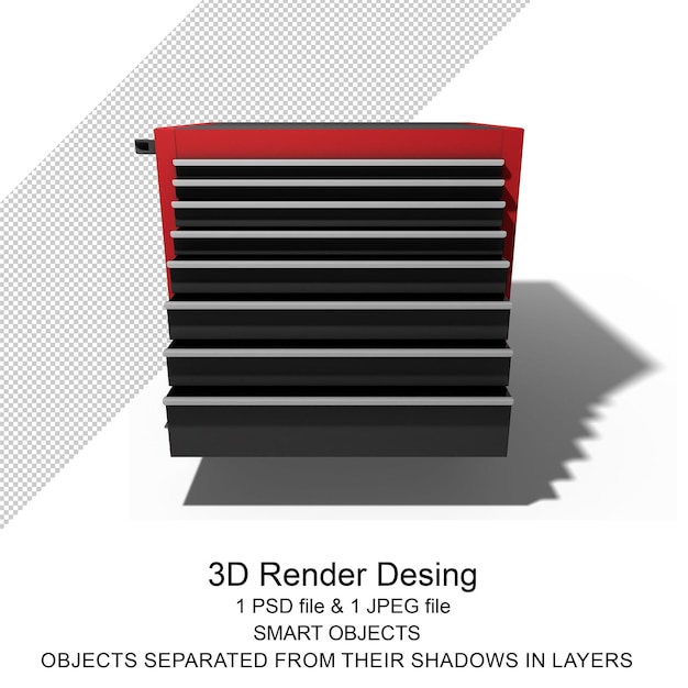 PSD black amp red rolling tool cabinet for workshops 3d rendering isolated on transparent background