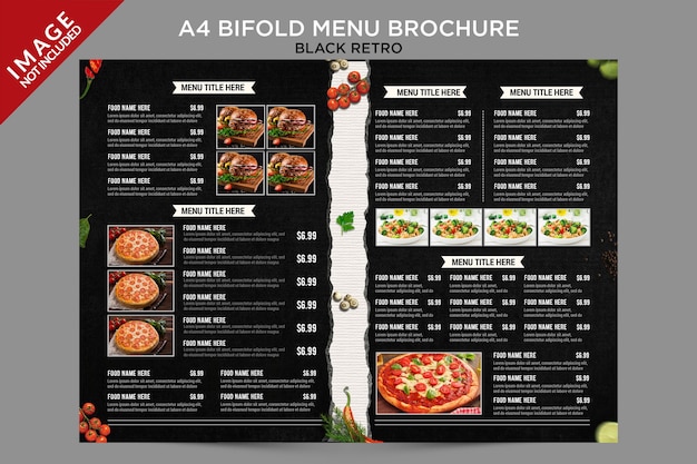 Black retro bifold menu brochure inside series