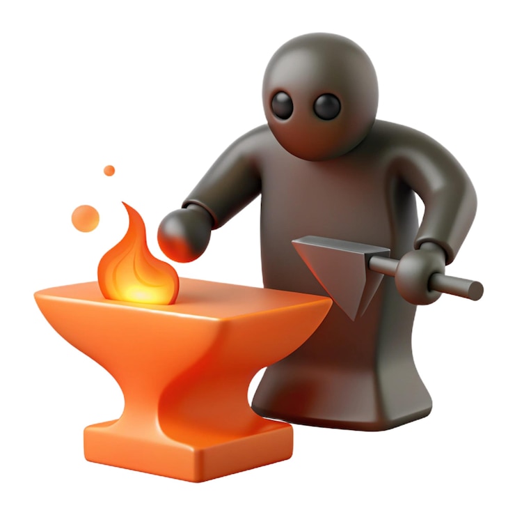 PSD a black robot with a hammer and a fire in his hand