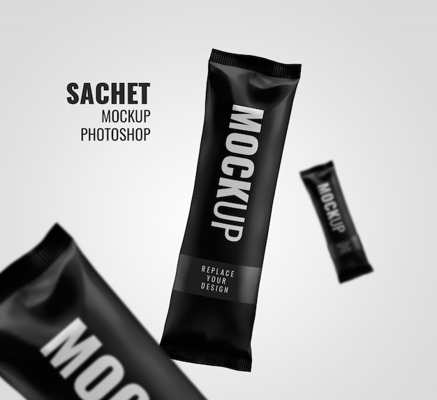 PSD black sachet snack bar mockup rendering