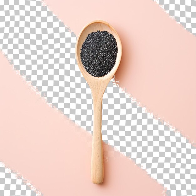 PSD black sesame seeds on a transparent background in wooden spoon