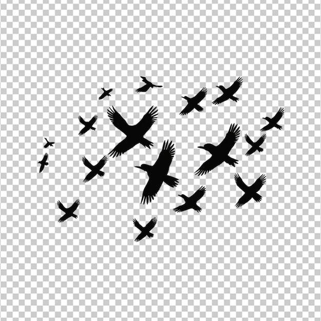 PSD black silhouette flock of birds backlit isolate on white background