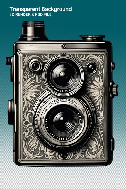 PSD a black and silver camera with a design on the top