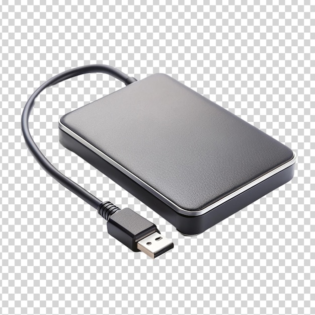 PSD a black and silver hard drive with a cord plugged on transparent background