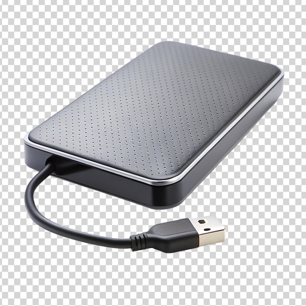 PSD a black and silver hard drive with a cord plugged on transparent background