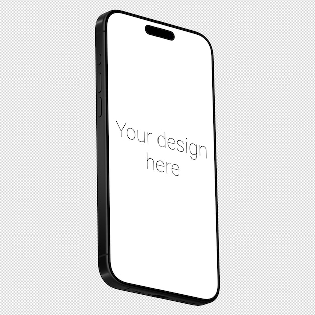 Black smartphone mockup similar to Iphone 15 without background in isometric style