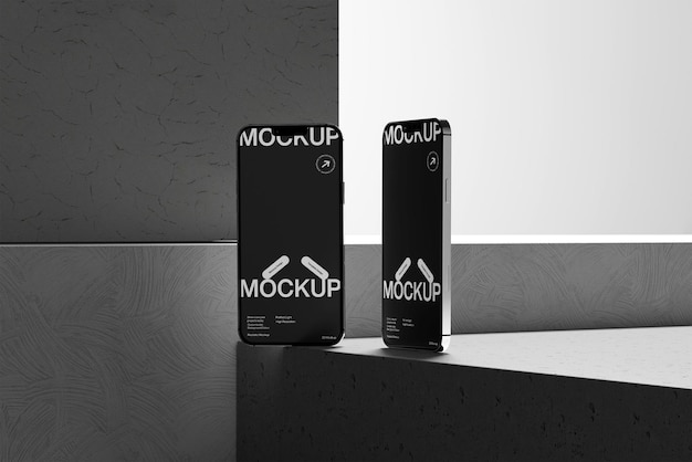Black smartphone mockup on white and grey background