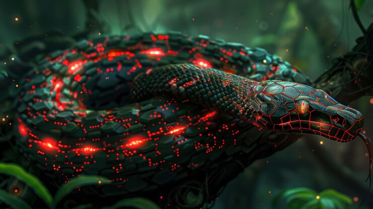 PSD a black snake with glowing red veins coiled around a branch in a dark green forest