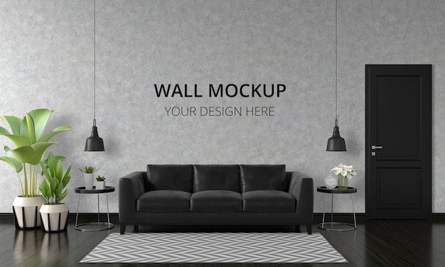 Black Sofa In Living Room Interior With Wall Mockup