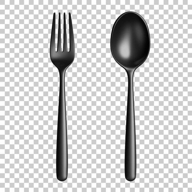 Black spoon and fork isolated on transparent background