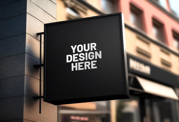 企業向けのロゴデザインブランドプレゼンテーション用の外側の黒い四角い看板のモックアップ