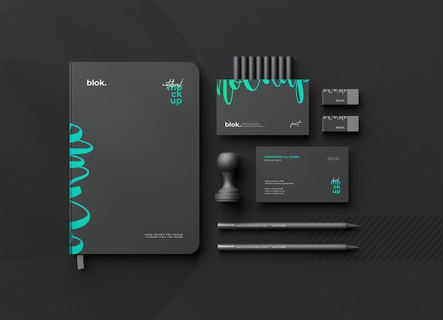 black stationery branding corporate identity top view mockup scene creator