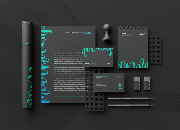 Black stationery branding corporate identity top view mockup scene creator