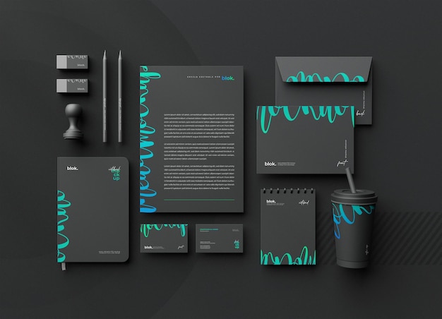 Black stationery branding corporate identity top view mockup scene creator