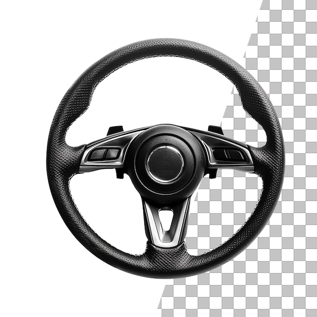 A black steering wheel with a transparent background