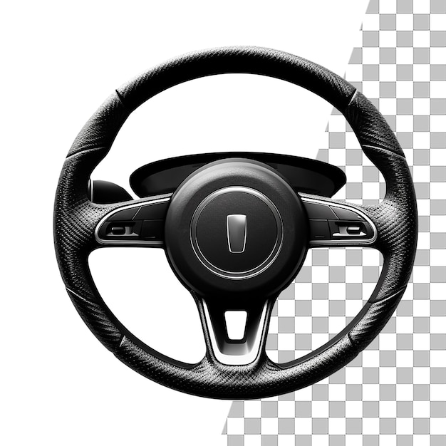 A black steering wheel with a transparent background