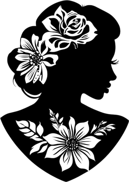 PSD black stencil of a beautiful woman with flowers aigenerated