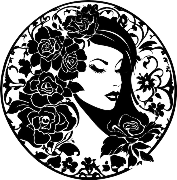 PSD black stencil of a beautiful woman with flowers aigenerated